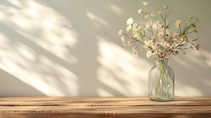 Empty wooden table with blurred background and flower vase for product display presentation, wood desk top mockup in an interior design concept.
