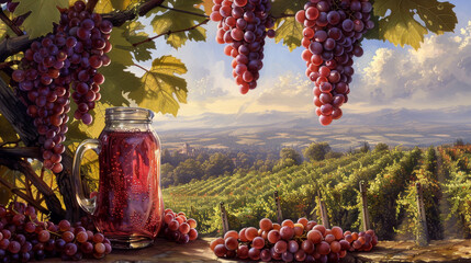 Tranquil vineyard landscape featuring grapevines laden with ripe fruit and a jug of freshly pressed...
