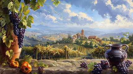 Tranquil vineyard landscape featuring grapevines laden with ripe fruit and a jug of freshly pressed...