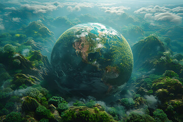A vibrant blue and green Earth globe with lush vegetation, symbolizing environmental world protection, ecological conservation, and the message of "Save the Planet" for Earth Day