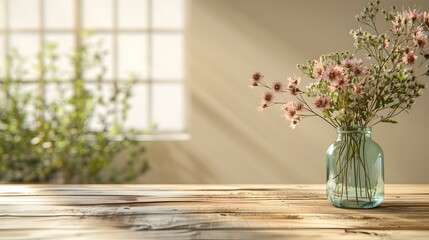 Empty wooden table with blurred background and flower vase for product display presentation, wood desk top mockup in an interior design concept.
