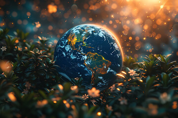 A vibrant blue and green Earth globe with lush vegetation, symbolizing environmental world protection, ecological conservation, and the message of "Save the Planet" for Earth Day