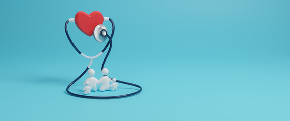Happy family and medical stethoscope for family safety,life insurance or protection, Concept of health insurance or healthcare access to health welfare and copy space. Relationships in love. 3d render