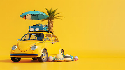 A car with summer vacation accessories on top, yellow minimal background, concept space for a banner design in the style of copy space, summer travel and holiday advertising concept, 3d render style