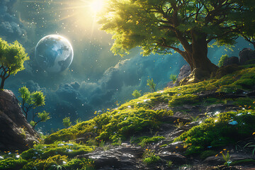 A vibrant blue and green Earth globe with lush vegetation, symbolizing environmental world protection, ecological conservation, and the message of "Save the Planet" for Earth Day