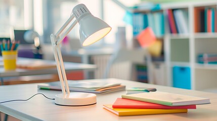 Modern bright workplace for a student or schoolchild. Education at a desk with a table lamp with...