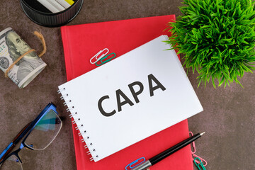 Concept image of Business Acronym CAPA Corrective and Preventive action written on a blank sheet of notepad next to the business supplies