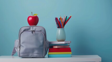 School bag and red apple and box of pen holder with stack book on light blue background copy space 