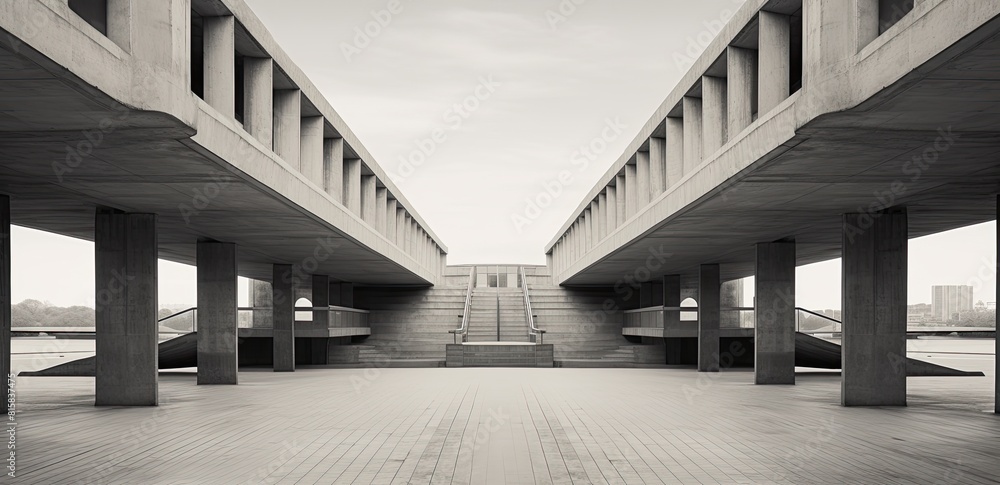 Poster the image is a black and white photo of a large, empty, and empty building with a lot of pillars. sc