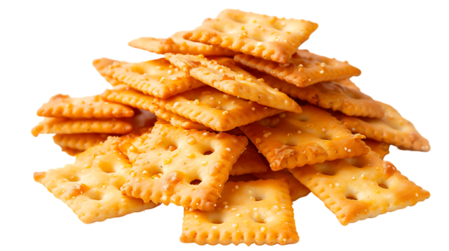 Pile of cheese crackers isolated on transparent background