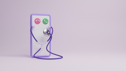 Telemedicine concept, mobile phone with healthcare app on chat in messenger. Online communicating the patient on VR medical interface with internet consultation technology. 3d rendering illustration