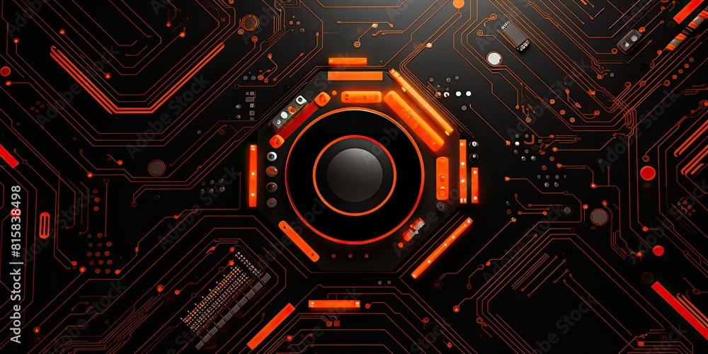 Poster computer circuit board design in black and orange with lines and dots