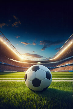 Fototapeta soccer ball on turf inside a stadium, night game, photo realistic illustration