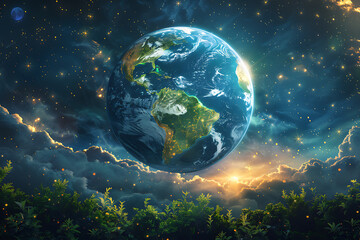 A vibrant blue and green Earth globe with lush vegetation, symbolizing environmental world protection, ecological conservation, and the message of "Save the Planet" for Earth Day