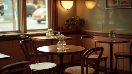 Cozy Cafe Interior With Sunlight And Plants