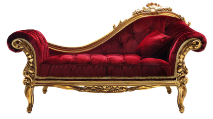 Red fainting couch with gold trim isolated on transparent background