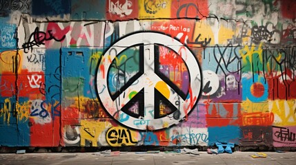 Bold Anti-War Statement: Symbol of Peace Amidst Graffiti Art. In the midst of a graffiti wall adorned with colorful blocks of paint, a striking anti-war symbol is painted prominently in the center. 