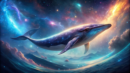 A 3D rendering of a space whale suspended in zero gravity, surrounded by ethereal light and cosmic dust.
