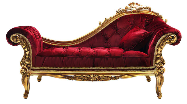 Red fainting couch with gold trim isolated on transparent background
