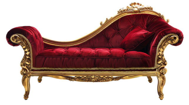 Red fainting couch with gold trim isolated on transparent background