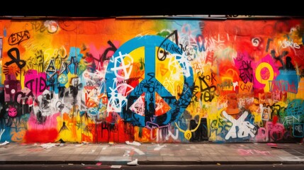 Bold Anti-War Statement: Symbol of Peace Amidst Graffiti Art. In the midst of a graffiti wall adorned with colorful blocks of paint, a striking anti-war symbol is painted prominently in the center. 