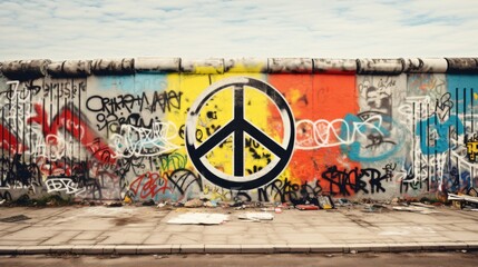 Bold Anti-War Statement: Symbol of Peace Amidst Graffiti Art. In the midst of a graffiti wall adorned with colorful blocks of paint, a striking anti-war symbol is painted prominently in the center. 
