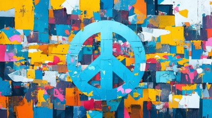Bold Anti-War Statement: Symbol of Peace Amidst Graffiti Art. In the midst of a graffiti wall adorned with colorful blocks of paint, a striking anti-war symbol is painted prominently in the center. 