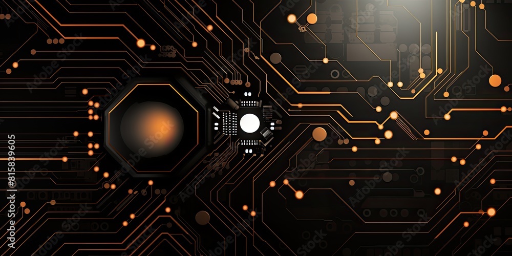 Poster intricate black and orange circuit board pattern with lines and dots