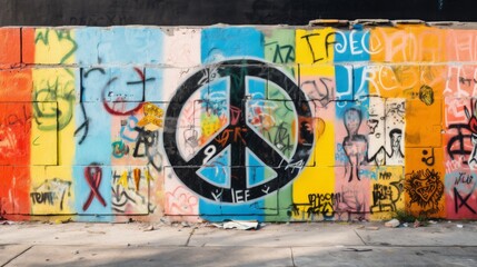 Bold Anti-War Statement: Symbol of Peace Amidst Graffiti Art. In the midst of a graffiti wall adorned with colorful blocks of paint, a striking anti-war symbol is painted prominently in the center. 