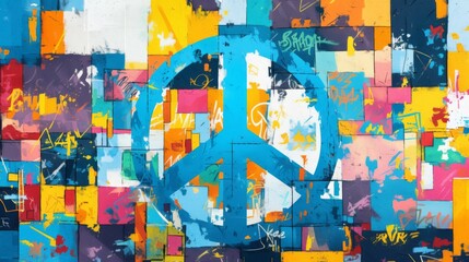 Bold Anti-War Statement: Symbol of Peace Amidst Graffiti Art. In the midst of a graffiti wall adorned with colorful blocks of paint, a striking anti-war symbol is painted prominently in the center. 