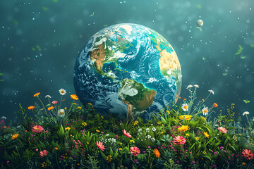 A vibrant blue and green Earth globe with lush vegetation, symbolizing environmental world protection, ecological conservation, and the message of "Save the Planet" for Earth Day