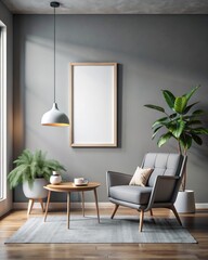 Interior of modern living room with gray walls, wooden floor, comfortable gray armchairs standing near round coffee table and vertical mock up poster frame.