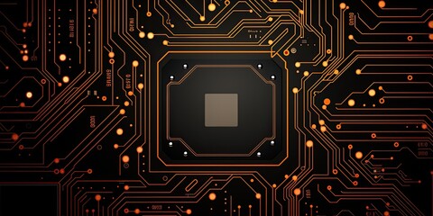 Black and Orange Background Featuring a Computer Circuit Board with Lines and Dots