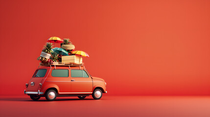 a car with summer vacation accessories on top, red minimal background, concept space for a banner design in the style of copy space, summer travel and holiday advertising concept, 3d render style