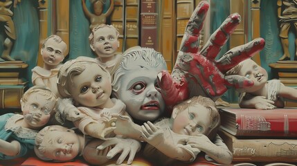 Creepy Vintage Dolls On A Bookshelf