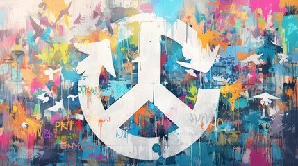 Bold Anti-War Statement: Symbol of Peace Amidst Graffiti Art. In the midst of a graffiti wall adorned with colorful blocks of paint, a striking anti-war symbol is painted prominently in the center. 