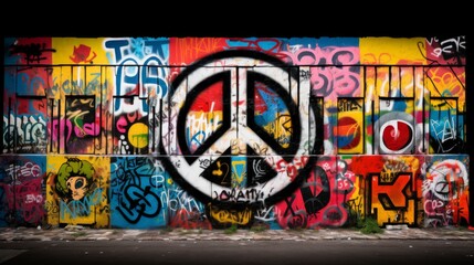 Bold Anti-War Statement: Symbol of Peace Amidst Graffiti Art. In the midst of a graffiti wall adorned with colorful blocks of paint, a striking anti-war symbol is painted prominently in the center. 