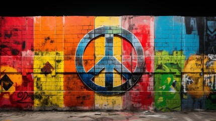 Bold Anti-War Statement: Symbol of Peace Amidst Graffiti Art. In the midst of a graffiti wall adorned with colorful blocks of paint, a striking anti-war symbol is painted prominently in the center. 
