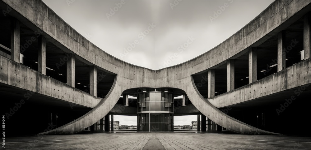 Poster the image is a black and white photo of a large, empty, and empty building with a lot of pillars. sc