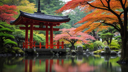 Maple Tree and Shinto Shrine, Tranquil Japanese Landscape