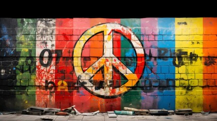 Bold Anti-War Statement: Symbol of Peace Amidst Graffiti Art. In the midst of a graffiti wall adorned with colorful blocks of paint, a striking anti-war symbol is painted prominently in the center. 