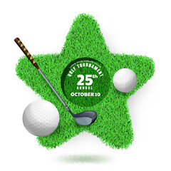 Golf club tournament, poster banner design template. Star shape golf course with balls and clubs. Vector cartoon illustration isolated on white background