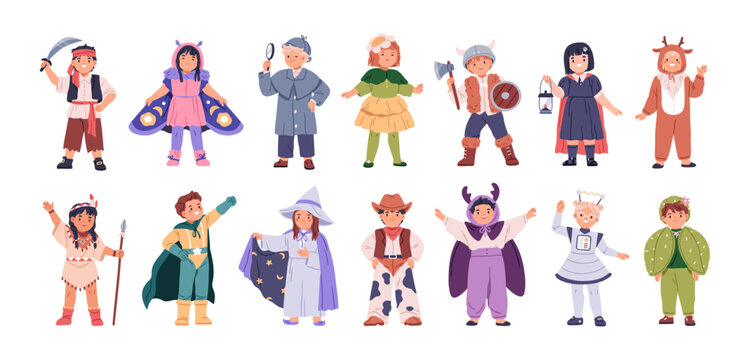 Kids in carnival costumes set. Children in funny animal, cowboy, superhero disguises. Cute boy and girl characters wearing Halloween outfits. Flat vector illustration isolated on white background