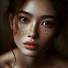 ritratto di giovane donna asiatica con lentiggini e volto espressivo su sfondo scuro in luce morbida, stile autoriale