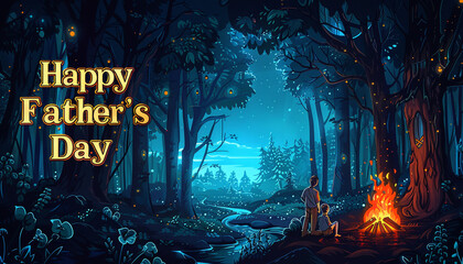 A tranquil forest scene at night with a campfire in the right corner, suggesting a father and...