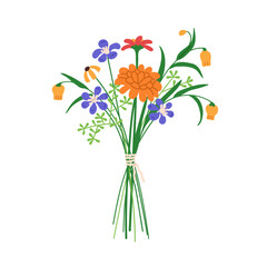 Summer flower bouquet. Wildflower bunch. Floral arrangement with field blossoms, gentle beautiful blooms tied with string. Fresh delicate buds. Flat vector illustration isolated on white background
