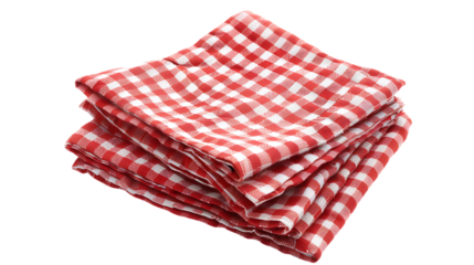 Set of red checkered cottonitchen napkins isolated on transparent background