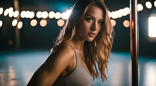 Sportliche junge Frau macht Poldance