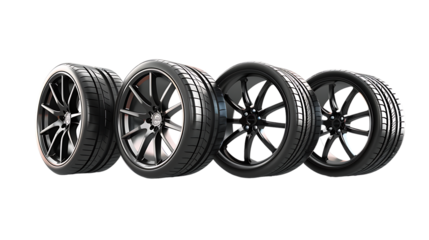 Set of wheels with modern alu rims isolated on transparent background