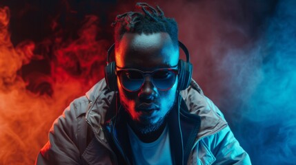 African black guy jacket background portrait fashion dj afro music headphones